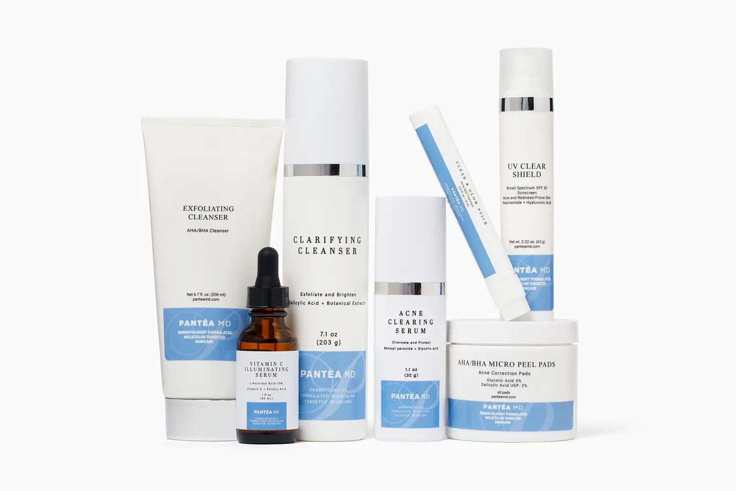 Dermatologist Acne & Breakout Skincare Collection from PantéaMD - Cleansers, Vitamin C Serum, Acne Serum, UV Shield, Micro Peel Pads
