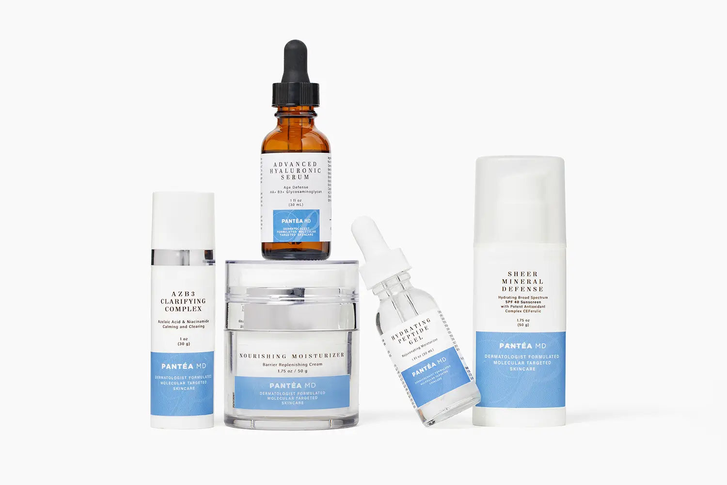 Collection of PantéaMD Best Selling Dermatologist Recommended Skincare: Clarifying Complex, Advanced Serum, SPF, & Peptide Gel