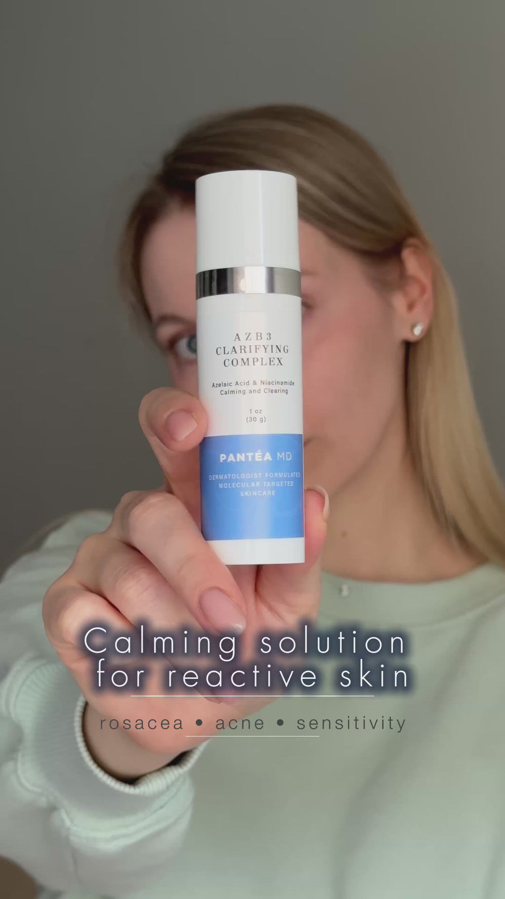 Video showing benefits of calming, skin healing cream by Pantea MD - best for rosacea, acne and sensitive skin